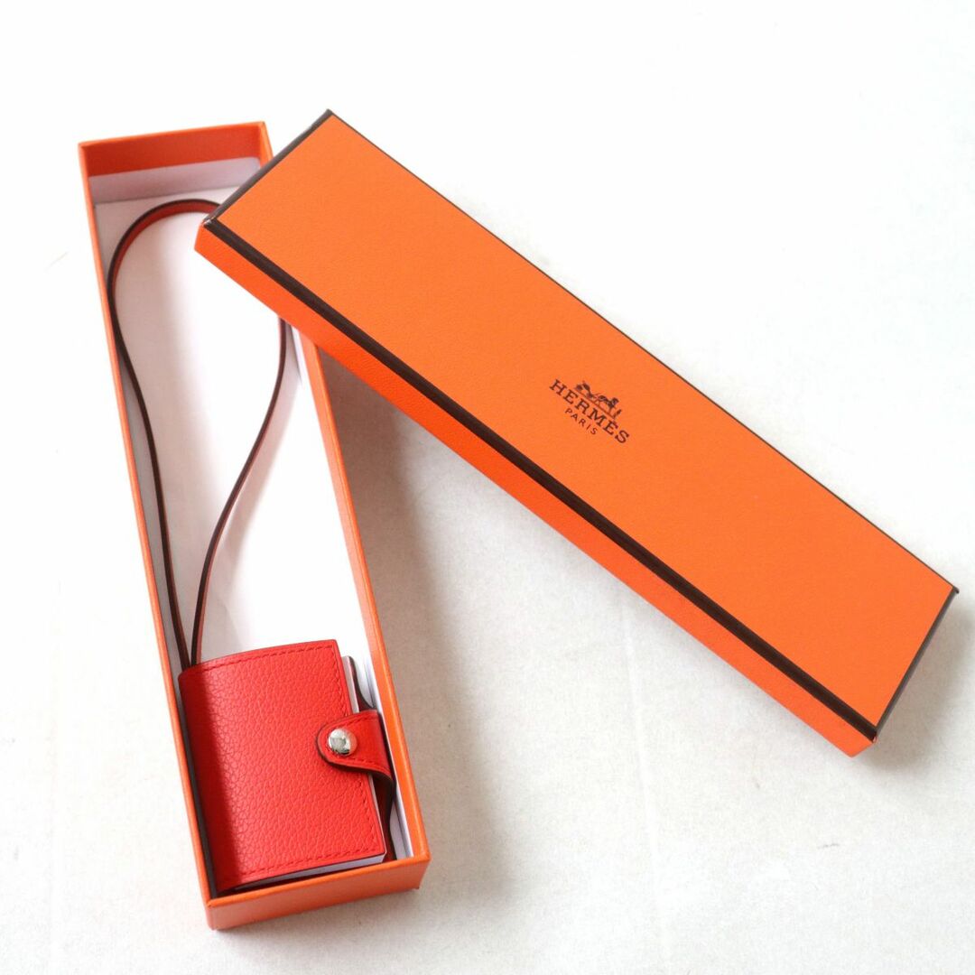 未使用品◎仏製 HERMES エルメス Ulysse Nano ユリス ナノ チャーム レザー バッグチャーム Z刻印 セリエボタン付き オレンジ×シルバー 箱 1