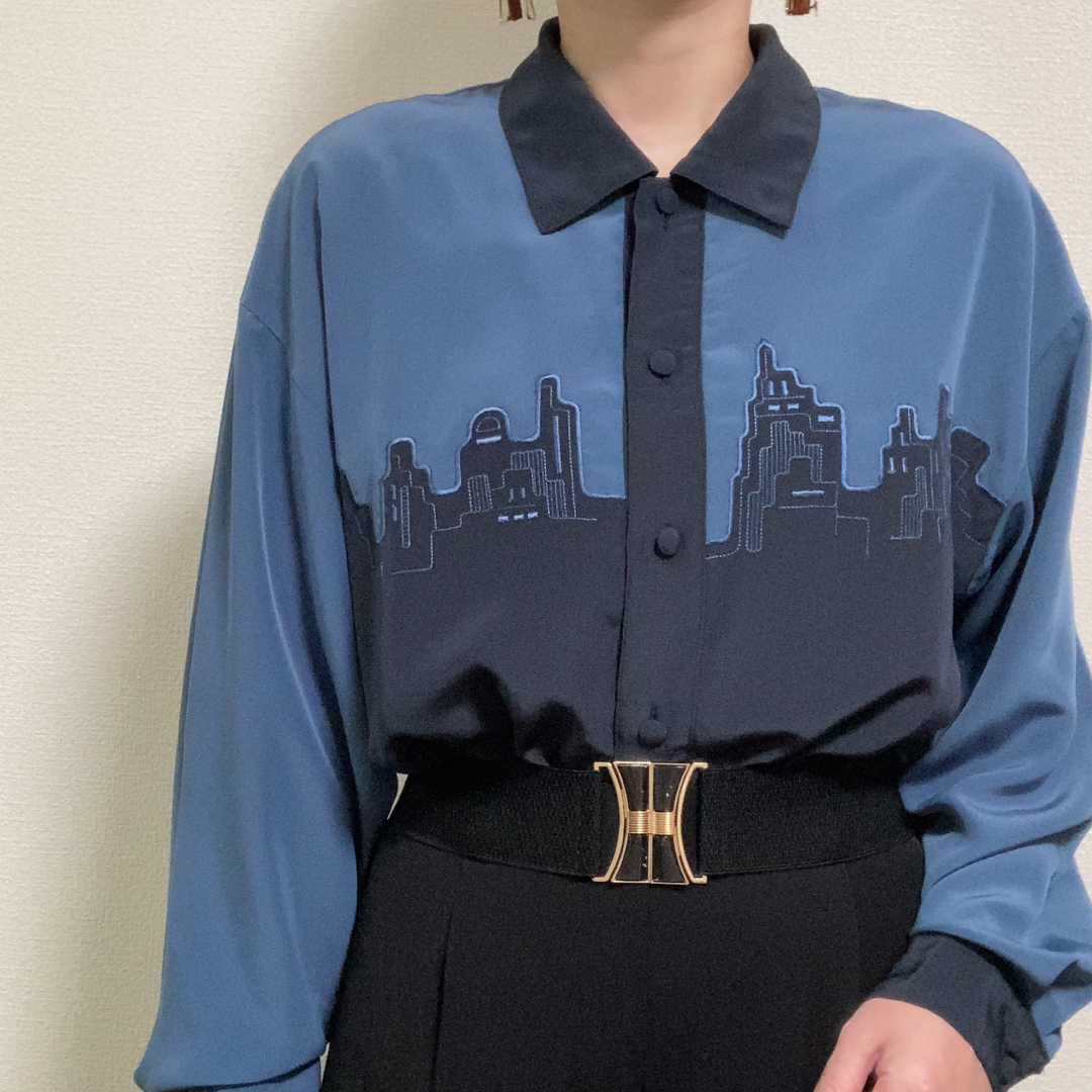 専用 ブルー系 バイカラー 建物刺繍 シャツトップス