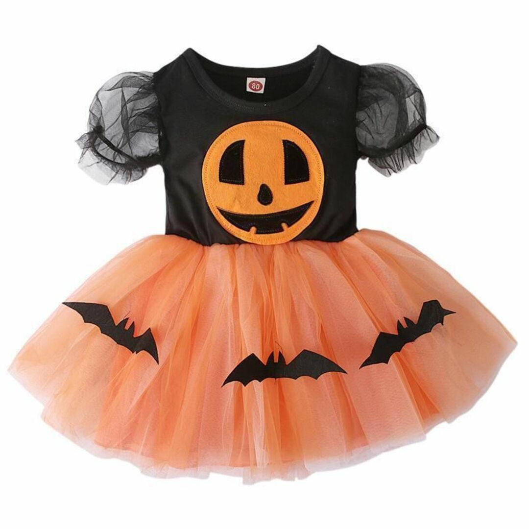 ハロウィン　子供　キッズ　かぼちゃ　ワンピース  コウモリ 黒 オレンジ　120 キッズ/ベビー/マタニティのキッズ服女の子用(90cm~)(ワンピース)の商品写真