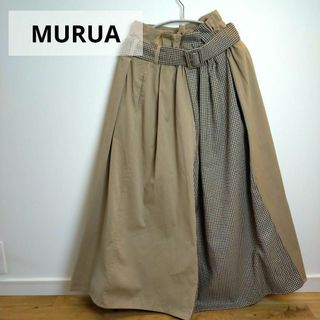 ムルーア(MURUA)のMURUA　切り返し　チェックロングスカート　ムルーア　ライトベージュ　ベルト付(ロングスカート)