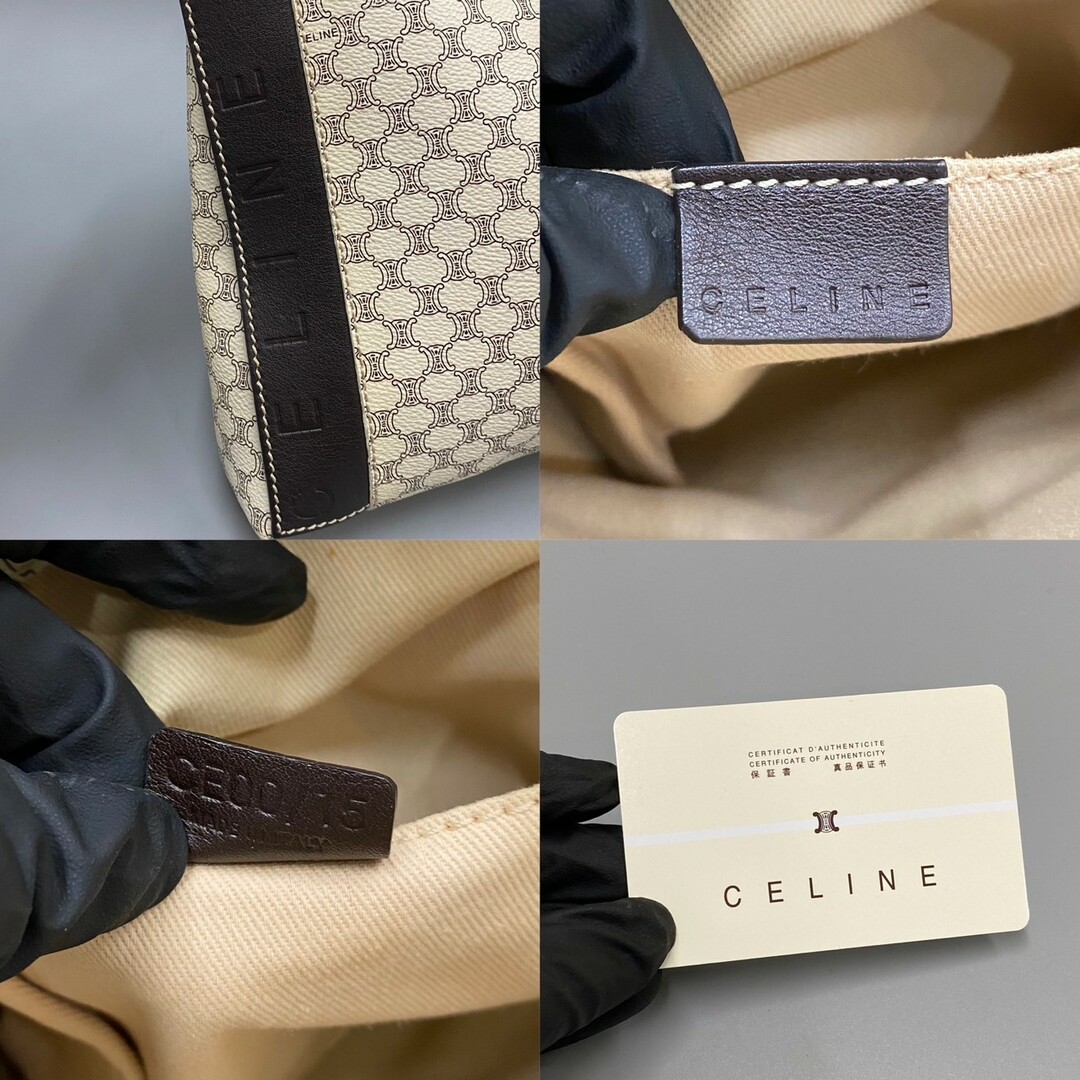 美品 CELINE セリーヌ マカダム ブラゾン 柄 ロゴ レザー 本革 ハンドバッグ ミニ トートバッグ アイボリー ブラウン 白 25658