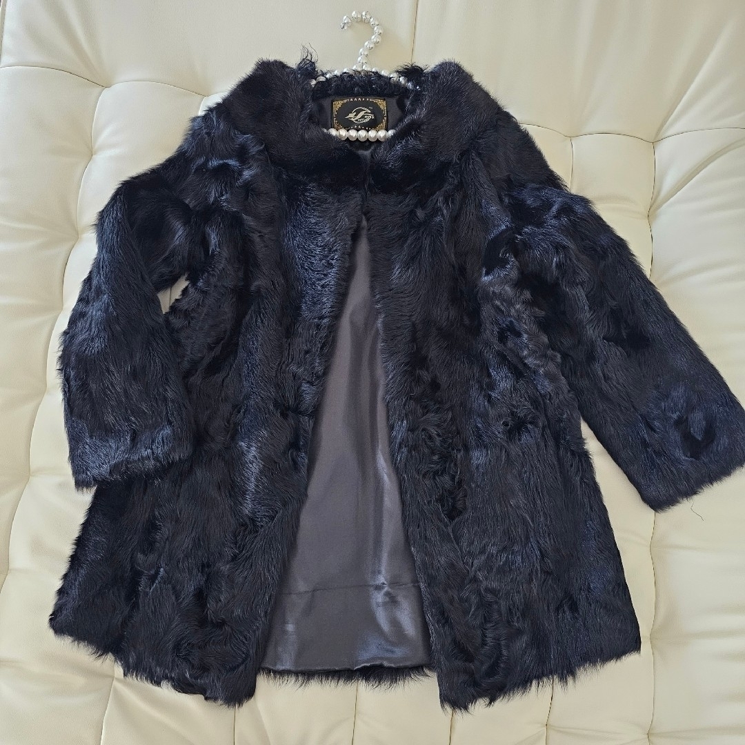 レア新品 パールネックレス付き カルガンラム 黒  レトロデザイン 二重襟 コート
