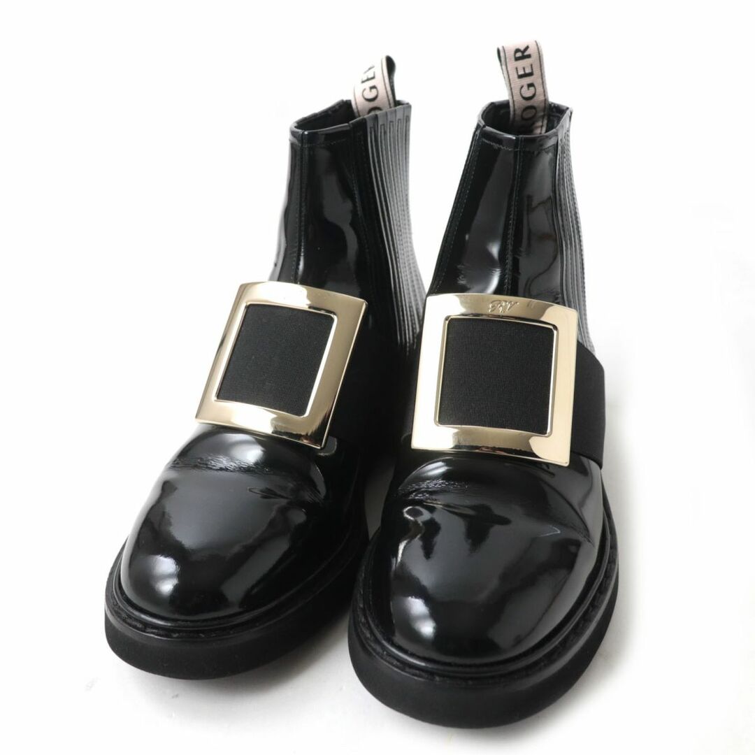 約10cm全高美品☆定価179300円 Roger Vivier ロジェヴィヴィエ チェルシー ヴィヴレンジャー メタルバックル アンクルブーツ 黒×金 36 1/2 保存袋付