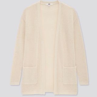 ユニクロ(UNIQLO)の新品タグ付● リネンブレンドカーディガン（長袖）L サイズ　オフホワイト(カーディガン)