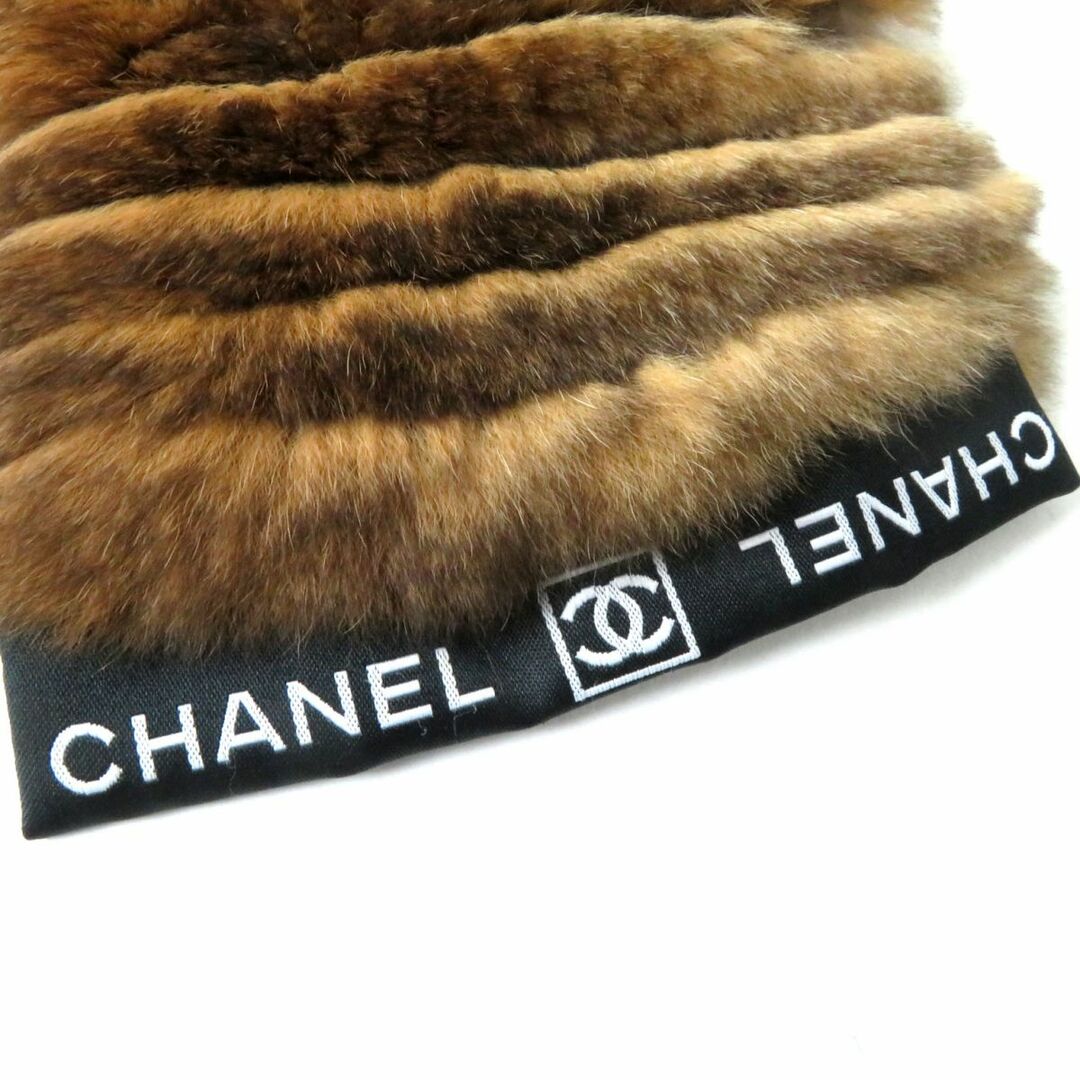 極美品◎イタリア製 CHANEL シャネル レディース オリラグ ファーマフラー ロゴライン入り ブラウン 茶系 13×117cm 毛皮 7