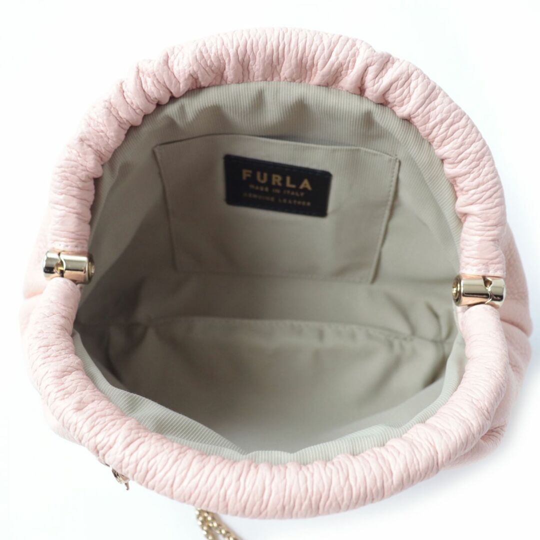 極美品☆FURLA フルラ EVENING ロゴ金具付き レザー 2WAY チェーンショルダーバッグ/クラッチバッグ ピンク イタリア製 保存袋付き