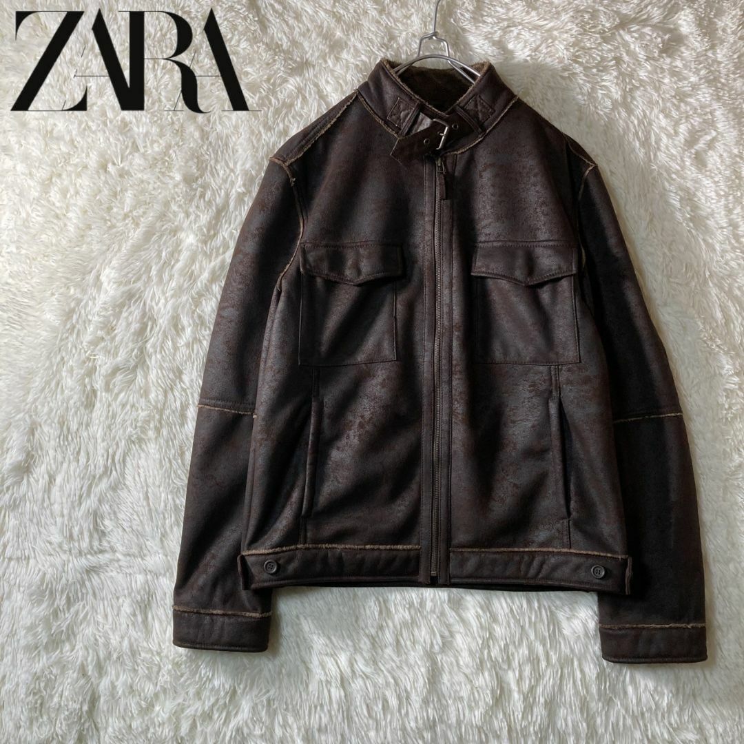 極美品 ZARA ザラ フェイクムートンレザージャケット ブラウン M