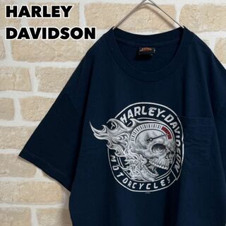 ハーレーダビッドソン(Harley Davidson)のHARLEY DAVIDSON Tシャツ スカル ネイビー ポケット L(Tシャツ/カットソー(半袖/袖なし))