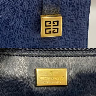 美品 希少品 GIVENCHY ジバンシィ ジバンシー 4G ロゴ 金具 レザー 本革 ハンドバッグ ミニ トートバッグ ネイビー 22652