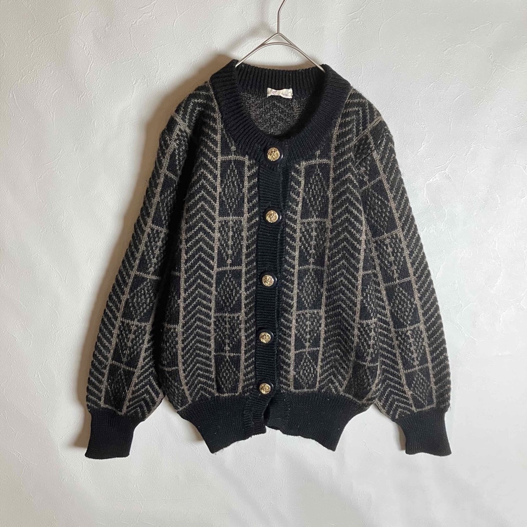 80s古着 モヘアニットカーディガン ウール レトロ金ボタン 幾何学 肉厚 黒茶