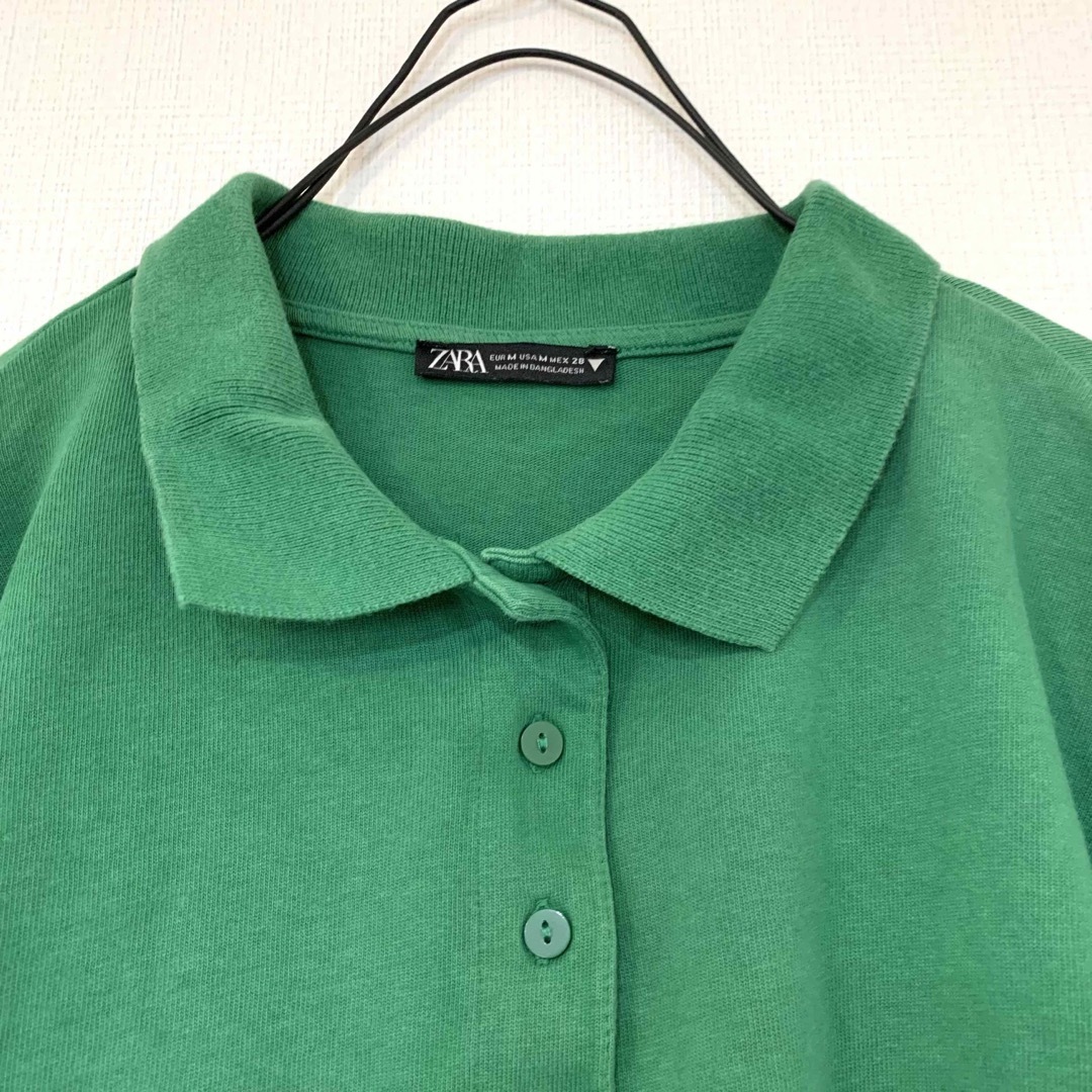 ZARA(ザラ)のZARAザラ/ゆったり長袖ポロシャツ緑グリーンショート丈襟付き レディースのトップス(ポロシャツ)の商品写真