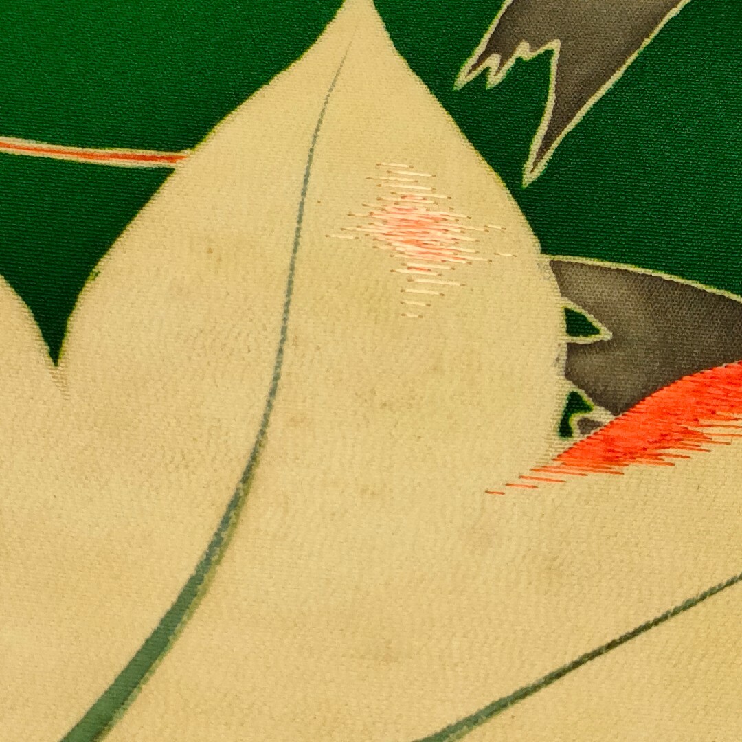 アンティーク　刺繍　正絹ひらき名古屋帯　グリーン