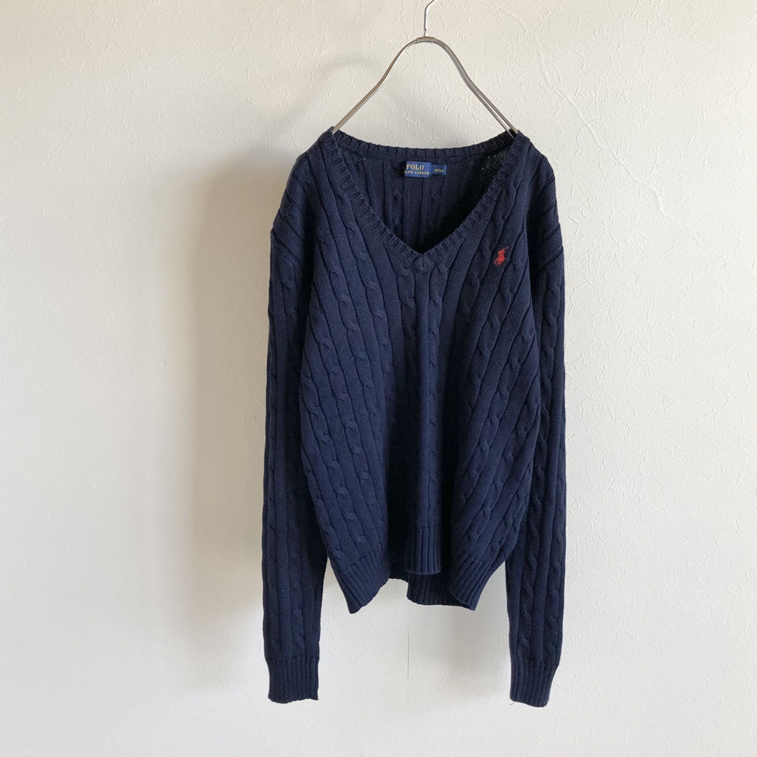 ポロ ラルフローレン ロゴ刺繍 Vネック コットン ケーブル ニット ネイビー