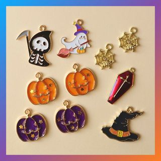 ハロウィンのチャーム✨10点セット★ゴールド✨かぼちゃ·蜘蛛の巣·おばけ·棺·他(各種パーツ)