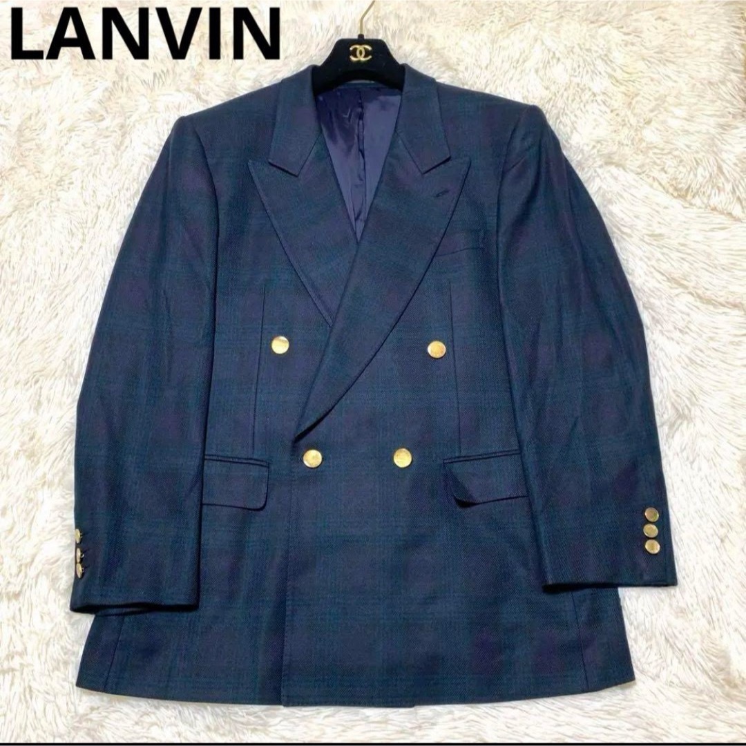 【VINTAGE】LANVIN チェック ブレザー 金ボタン SILK100%