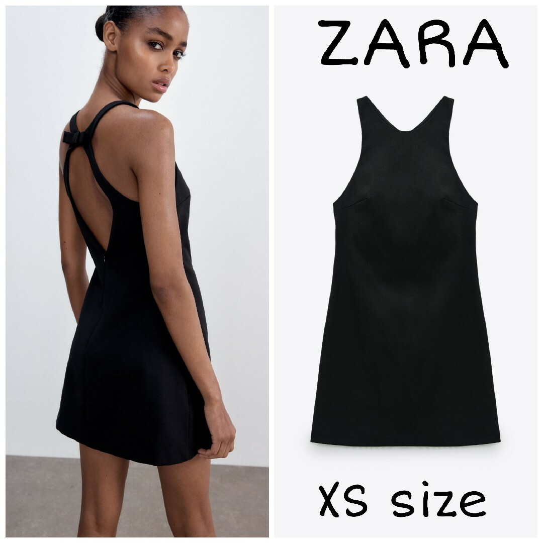 ZARA(ザラ)のZARA　タイリボン付きミニワンピース　XSサイズ　ブラック レディースのワンピース(ミニワンピース)の商品写真