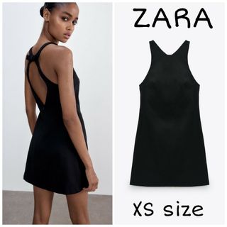 ザラ(ZARA)のZARA　タイリボン付きミニワンピース　XSサイズ　ブラック(ミニワンピース)