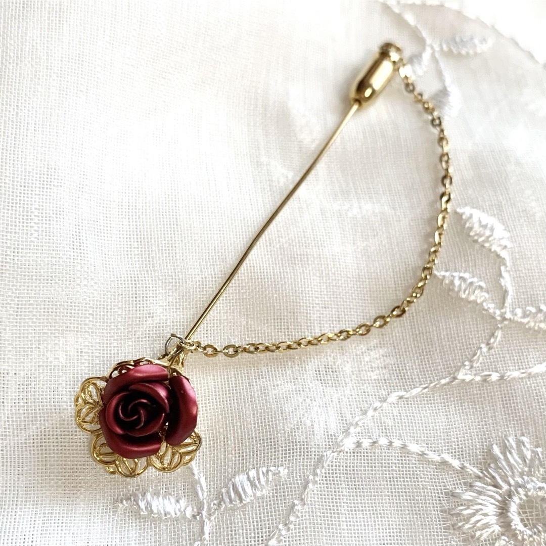 ◆ヴィンテージブローチ 薔薇バラ 赤 ピン ゴールド 繊細 上品 綺麗 美品 6