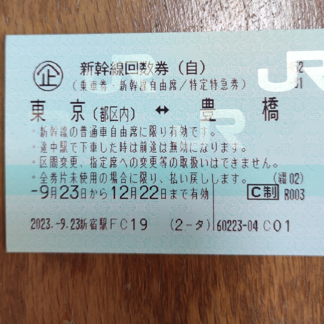 東京　豊橋　新幹線回数券　1枚（23年12月22日期限）