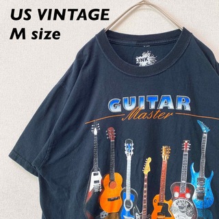 US古着　半袖Tシャツ　ビッグプリント　ギター　男女兼用　黒色　Mサイズ(Tシャツ/カットソー(半袖/袖なし))