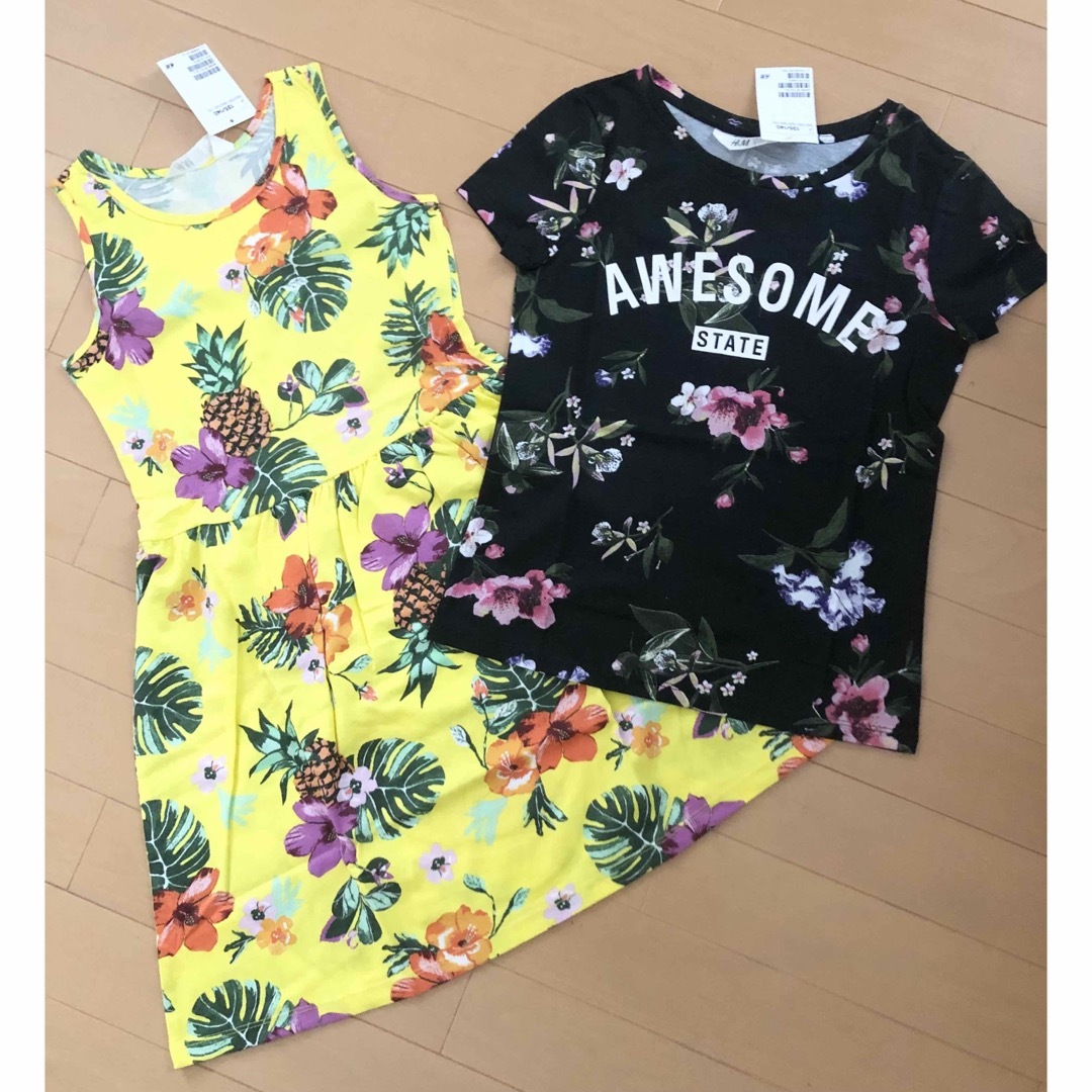 H&M(エイチアンドエム)のH&M 花柄 コットン ワンピース & Tシャツ 2点セット キッズ/ベビー/マタニティのキッズ服女の子用(90cm~)(ワンピース)の商品写真