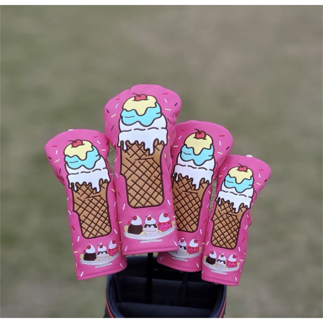 色写真色【シーズン新製品4点セット】アイスクリームかわいいゴルフクラブヘッドカバーピンク