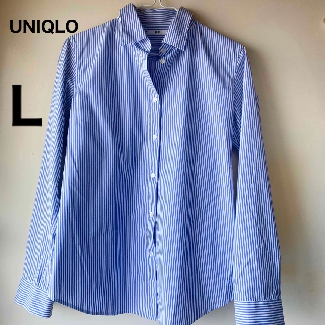 UNIQLO(ユニクロ)のUNIQLO コットンストレッチストライプシャツ　レディースL ブルー レディースのトップス(シャツ/ブラウス(長袖/七分))の商品写真