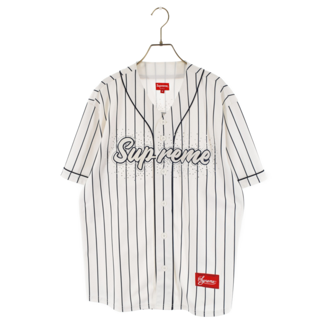 SUPREME シュプリーム 20SS Rhinestone Baseball Jersey ラインストーンベースボールジャージ フロントロゴ刺繍デザイン ベースボールシャツ ホワイト