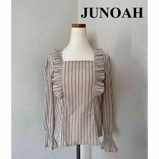 ジュノア(JUNOAH)のJUNOAH 長袖　ブラウス　M フリル　ストレッチ　ベージュ×ブラック(シャツ/ブラウス(長袖/七分))