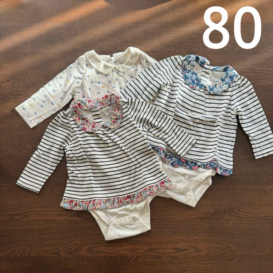 babyGAP(ベビーギャップ)のgap 襟付きロンパース　長袖　ボーダー　花柄　リス　80 セット キッズ/ベビー/マタニティのベビー服(~85cm)(ロンパース)の商品写真