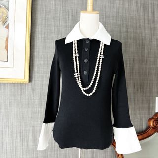 シャネル(CHANEL)の美品　CHANEL シャネル　白襟　おリボン付　トップス　セーター　COCO(シャツ/ブラウス(長袖/七分))