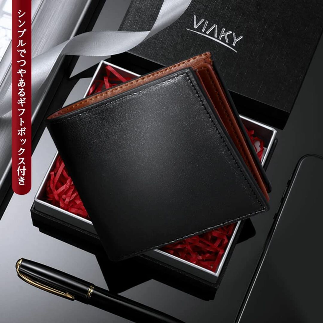 【色: ブラック】Viaky 二つ折り財布 ミニ財布 レザー メンズ 薄い 軽量