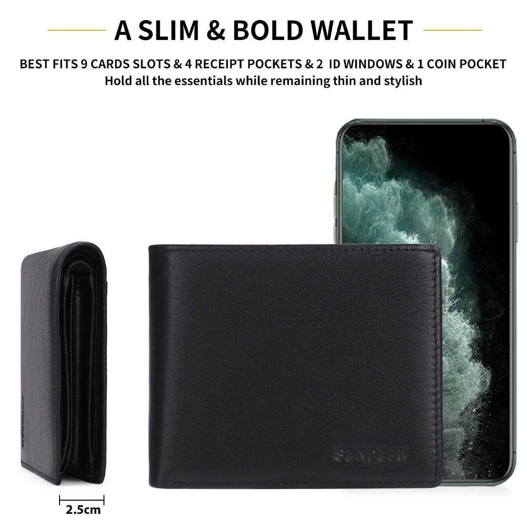 【色: Black】SENDEFN 財布 メンズ 2つ折り 本革 小さい財布 コ 1