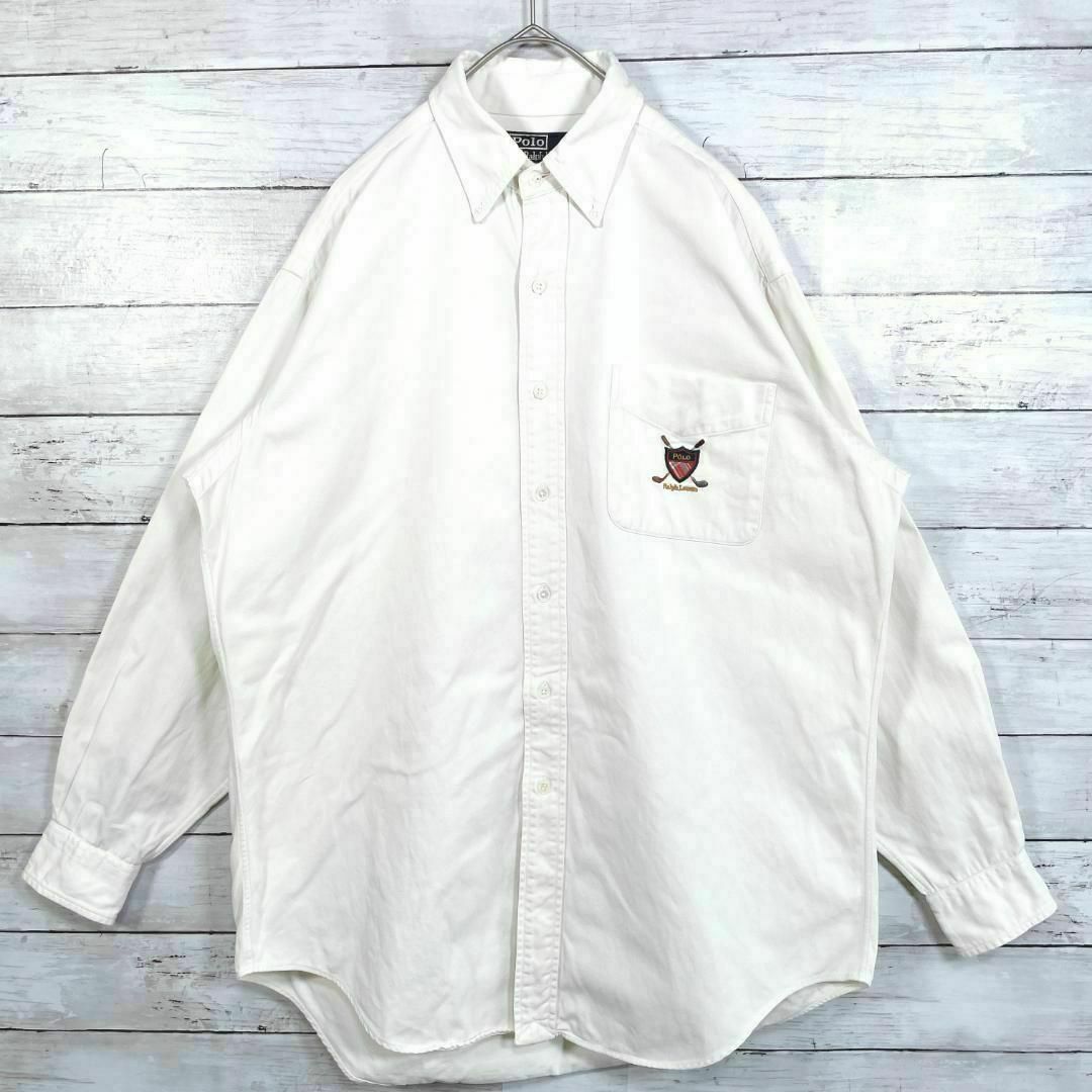89T人気カラー♪白 ポロラルフローレン BD長袖シャツ ロゴ刺繍 ゴルフ