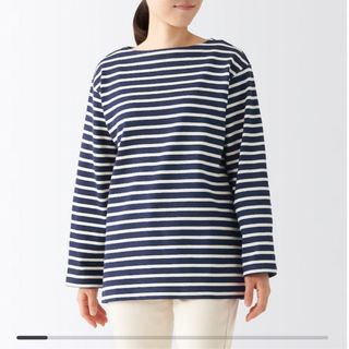 ムジルシリョウヒン(MUJI (無印良品))の【無印良品】太番手ボートネック長袖Ｔシャツ婦人Ｓ・ネイビー太ボーダー(カットソー(長袖/七分))