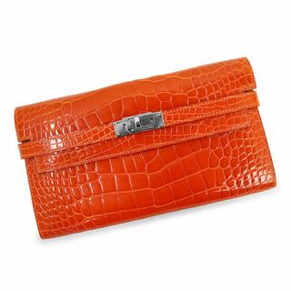 エルメス(Hermes)のエルメス  ケリーウォレット ロング 二つ折り長財布 アリゲーター エキゾチックレザー オレンジポピー  シルバー金具 □P刻印 箱付 HERMES（未使用　展示品）(財布)