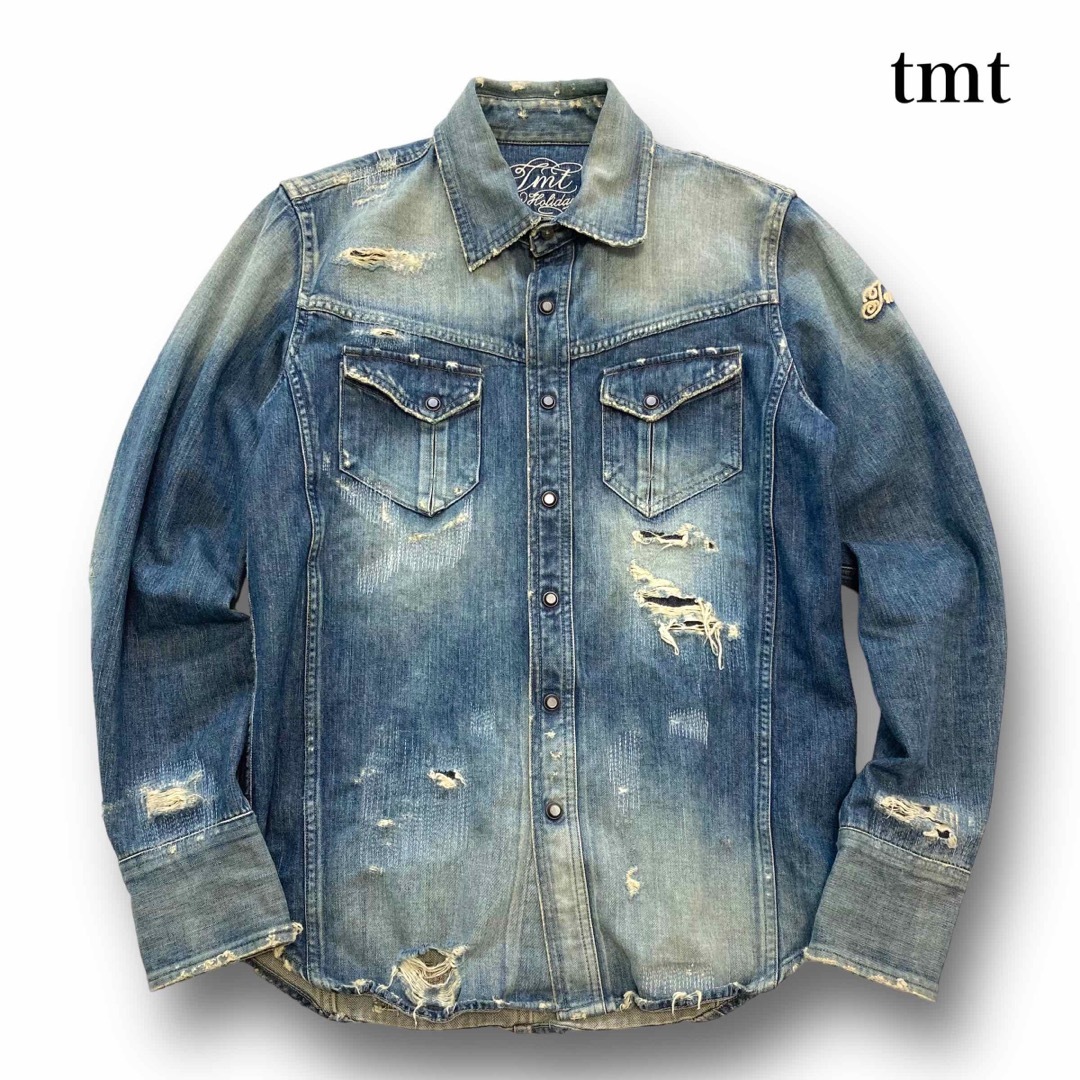 【tmt】ティーエムティー クラッシュデニムウエスタンシャツ リペア加工 刺繍
