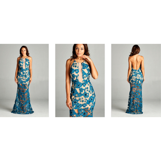 タダシショウジ(TADASHI SHOJI)の新品 USAロングドレス BEADED BEIGE/BLUE M(ロングワンピース/マキシワンピース)