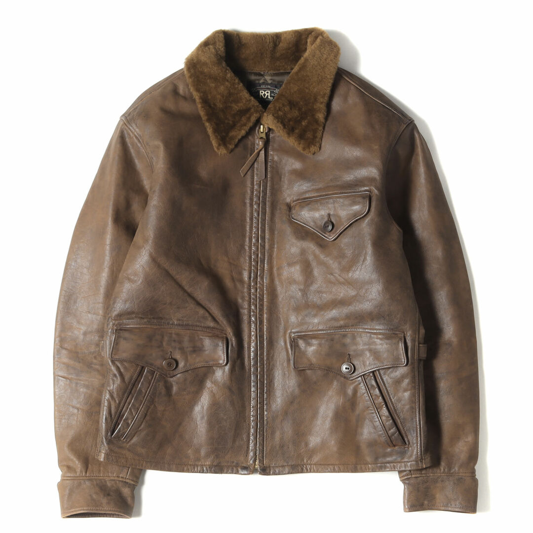 RRL ダブルアールエル ジャケット サイズ:M シアリングカラー ヴィンテージ加工 カウハイド レザー ジャケット 本革 ブラウン アウター ブルゾン シンプル カジュアル アメトラ アメカジ ブランド【メンズ】【美品】