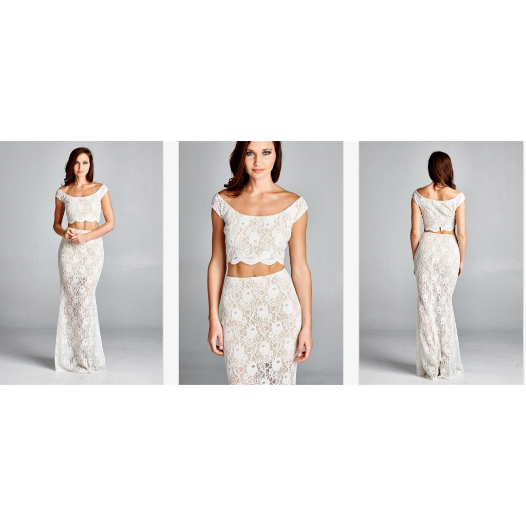 TADASHI SHOJI(タダシショウジ)の新品 USAロングドレス 2 PIECE CREAM LACE  S レディースのフォーマル/ドレス(ロングドレス)の商品写真