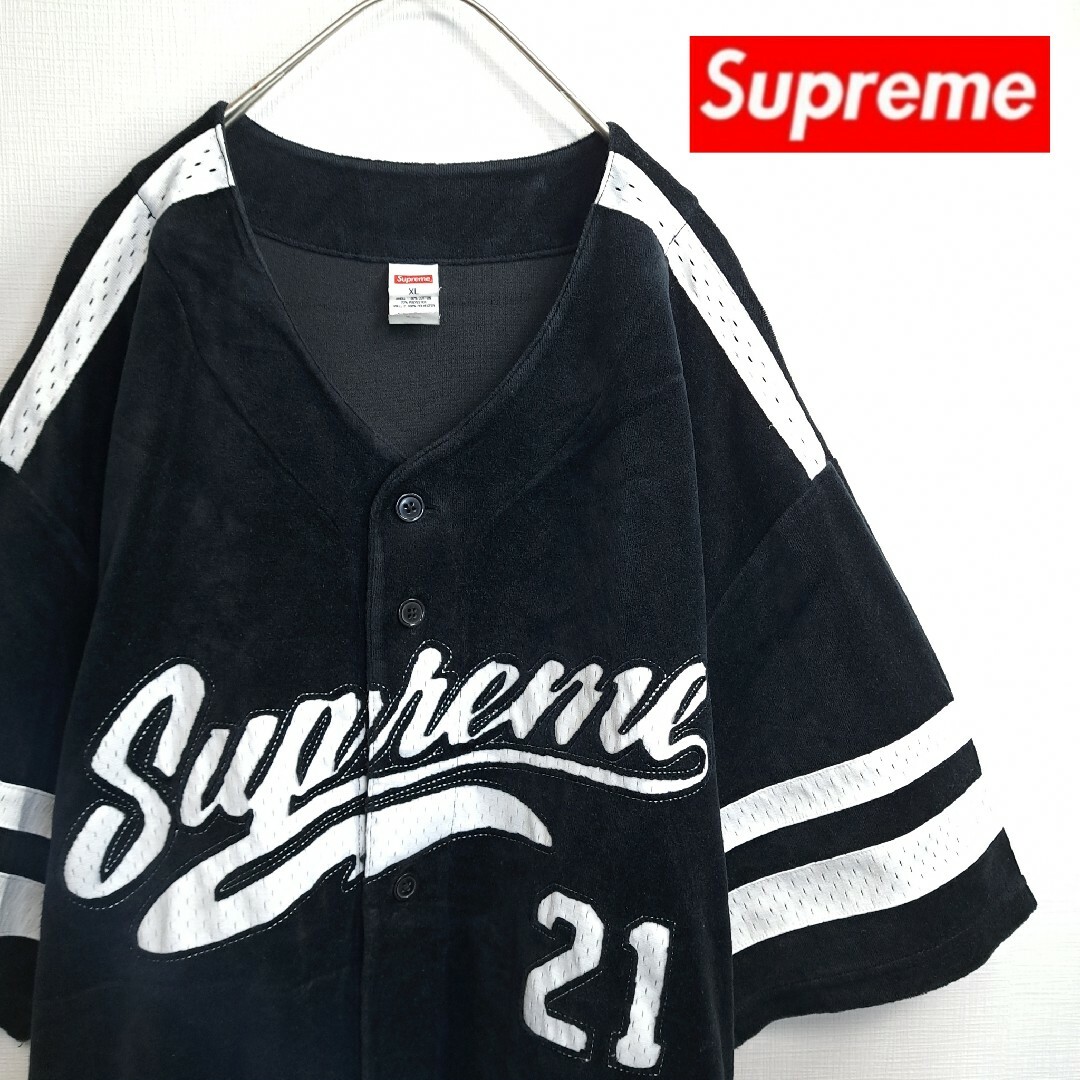 【希少サイズ/美品】Supreme ベースボール シャツ ベロア ブラック XL