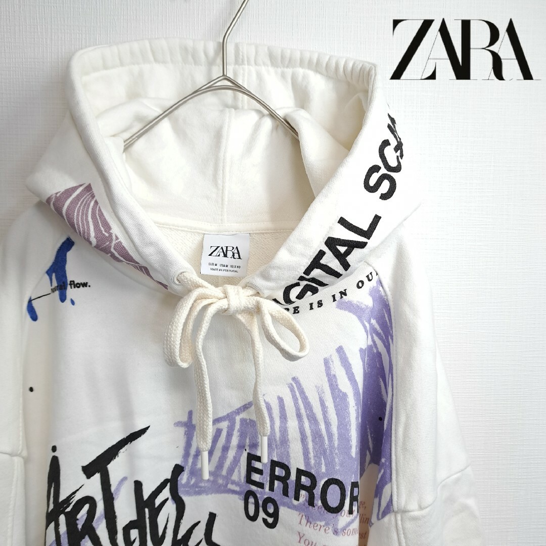 ZARA(ザラ)の【美品】ZARA 総柄 デザイン プリント プルオーバー パーカー ホワイト M メンズのトップス(パーカー)の商品写真