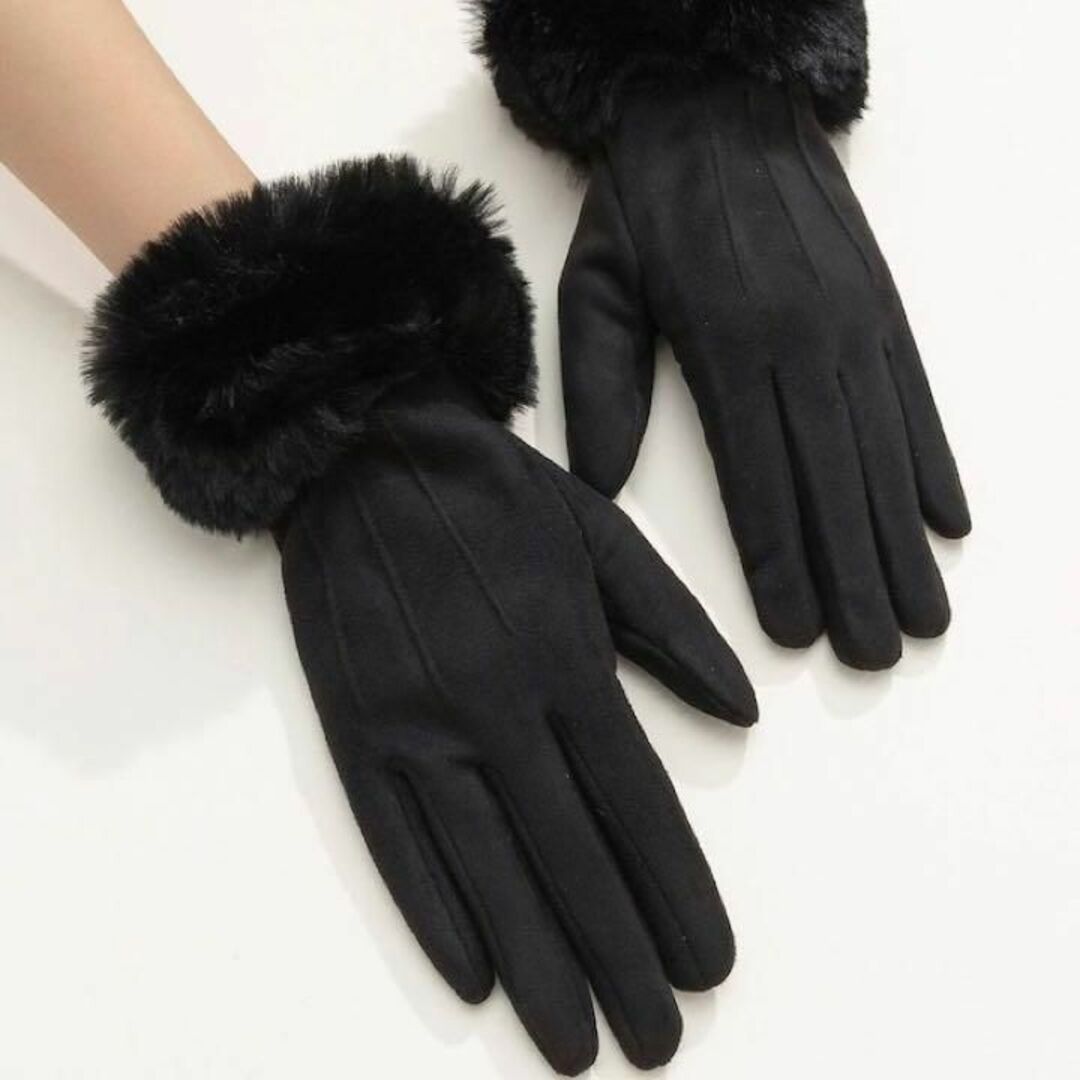 【匿名配送】新品未使用ファー手袋 ブラック タッチパネル対応スマホ対応手袋 レディースのファッション小物(手袋)の商品写真