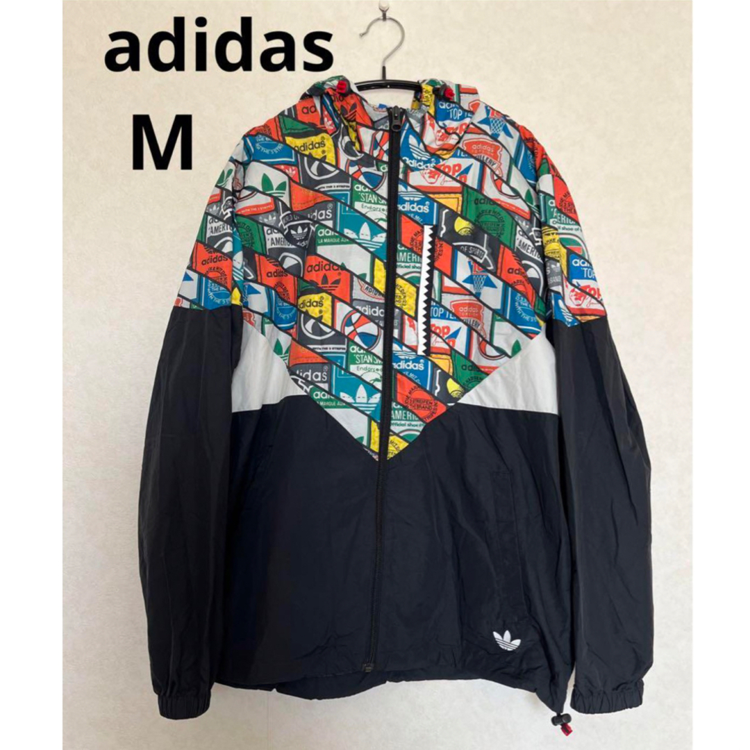 adidas ナイロンパーカー ロゴ入り 総柄 M