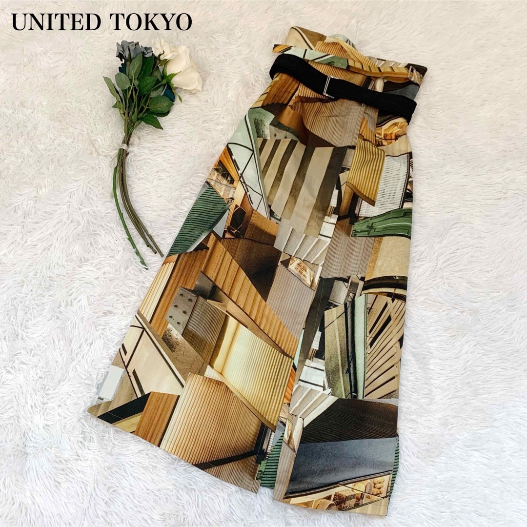 【美品】UNITED TOKYO オプティカルスケープ柄スカート 総柄 ロング丈