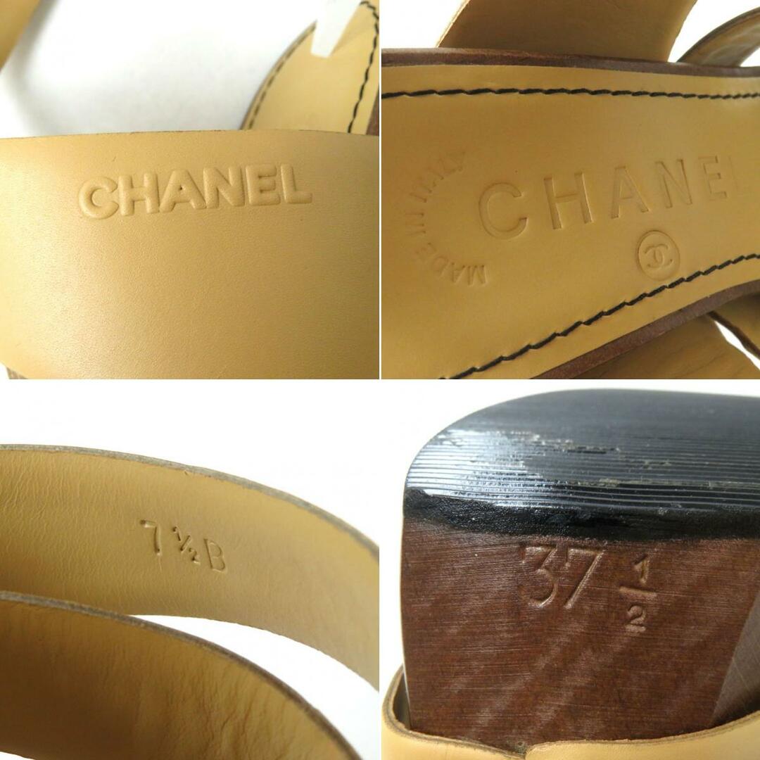 125cmワイズ幅美品◎イタリア製 CHANEL シャネル レディース ココマークスタッズ ウッドソール レザークロス サンダル ベージュ 37 1／2 箱付き　m17-st30324-39