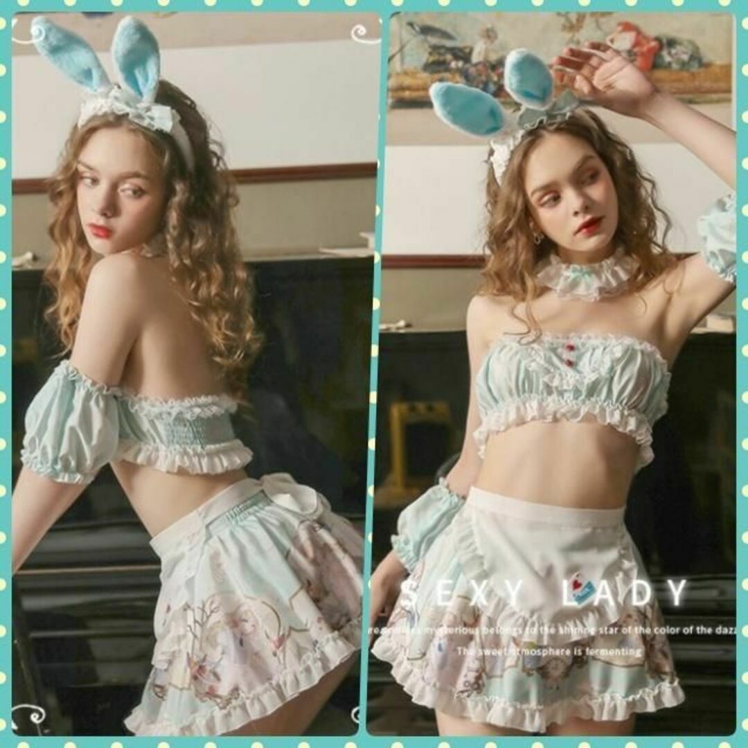 不思議の国のアリス✨ハロウイン♪うさぎ耳メイド服 水色 トランプ ...