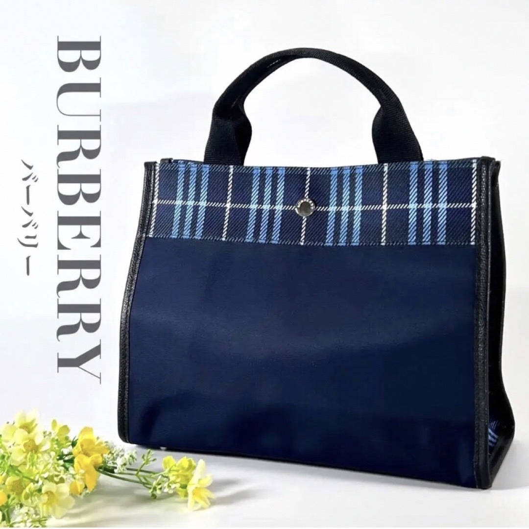 美品 Burberry Londonトート ハンドバック ノバチェック ネイビー-