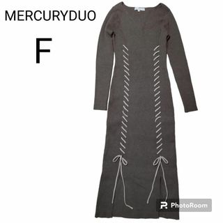 マーキュリーデュオ(MERCURYDUO)のMERCURYDUO ニットワンピース ダークブラウン リボン スリット(ロングワンピース/マキシワンピース)