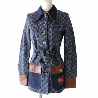 グッチ(Gucci)の美品◎正規 グッチ 652658 レディース レザー使い ベルト付 ウォッシュドオーガニックデニムジャケット インディゴ GG柄 36 定価374000円(Gジャン/デニムジャケット)